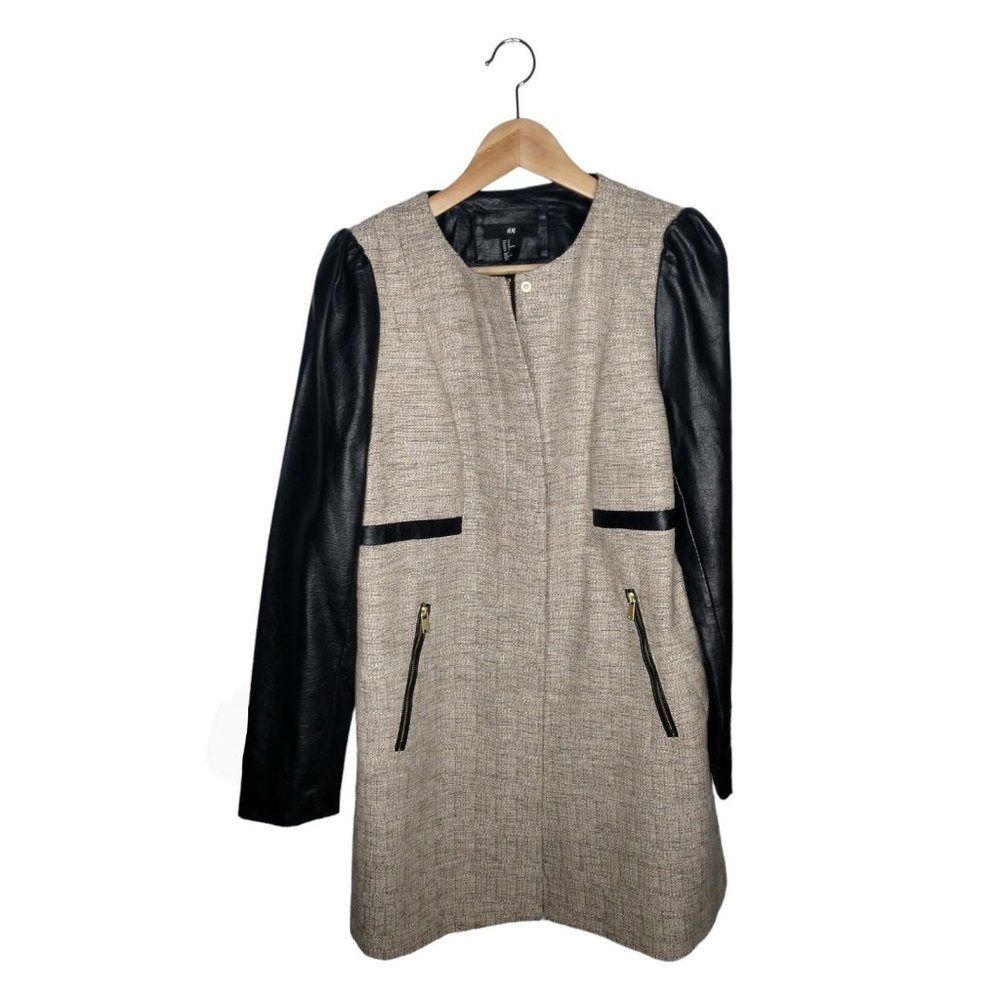 H&M Mixed Media Coat Size 12 Boucle Vegan Leather Topper